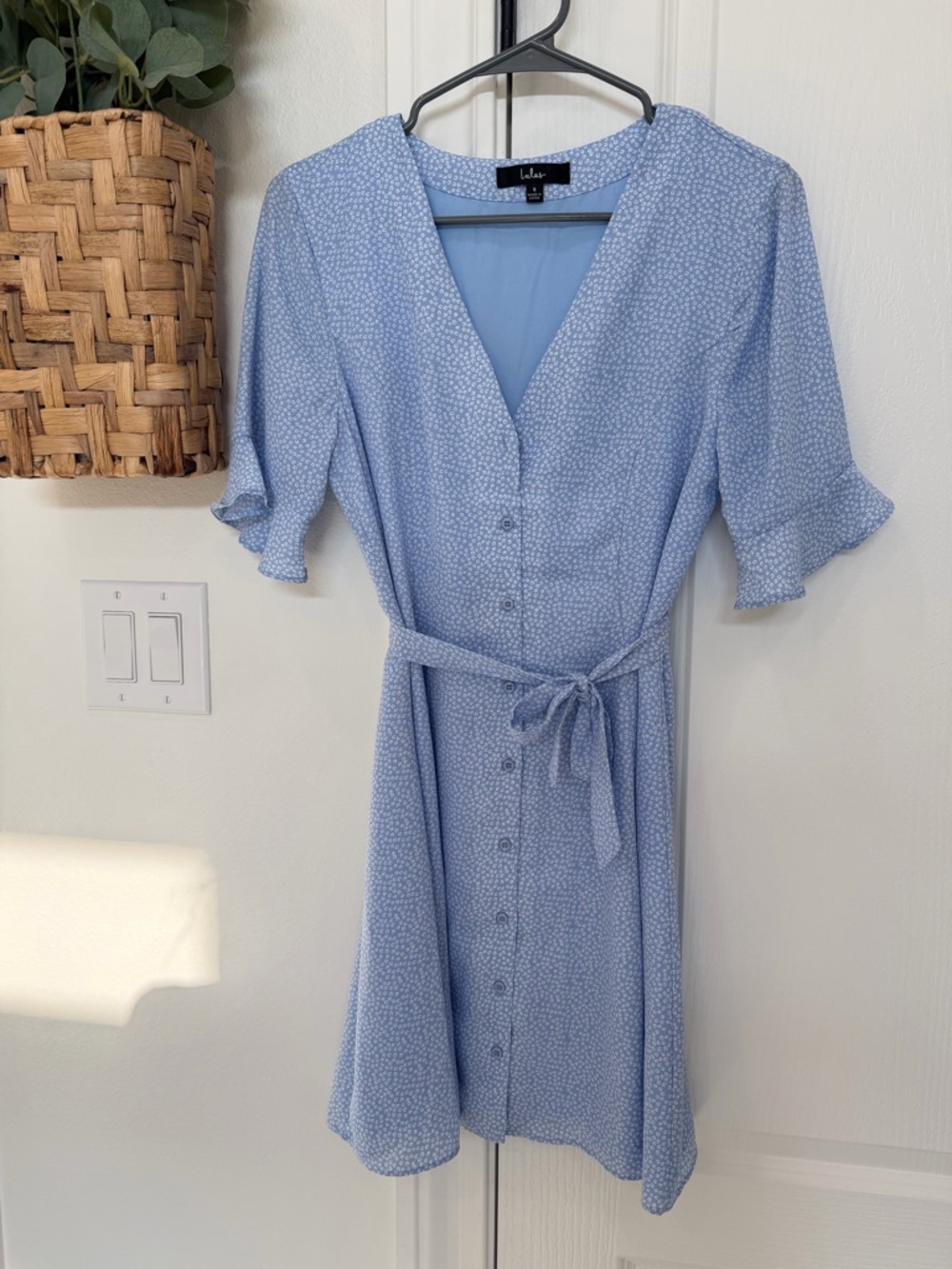 Lulu's Light Blue Button-Front Tie-Waist Mini Dress